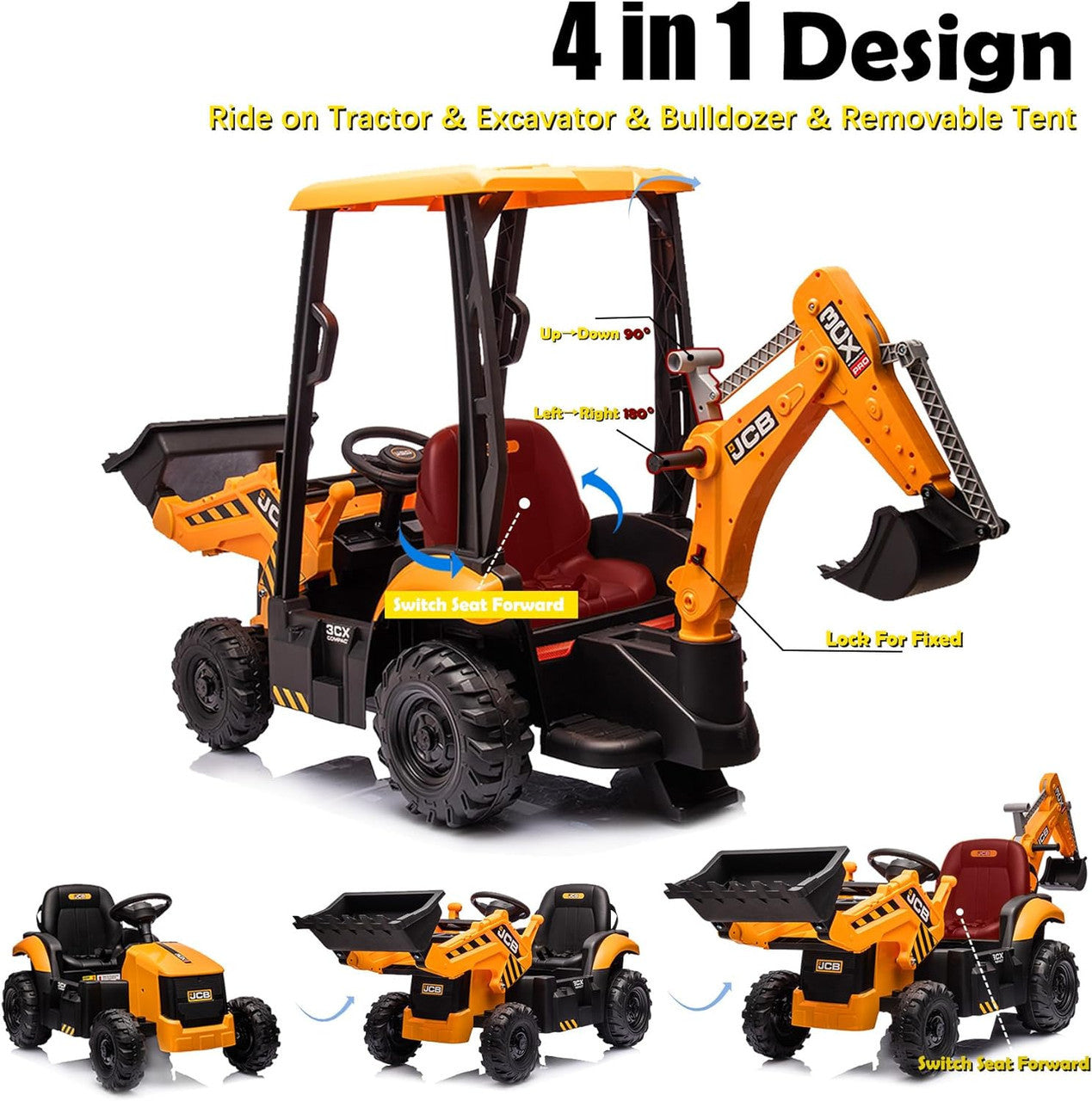 JCB Digger 12V Electric Ride On Tractor with Loader Backhoe - Yellow
