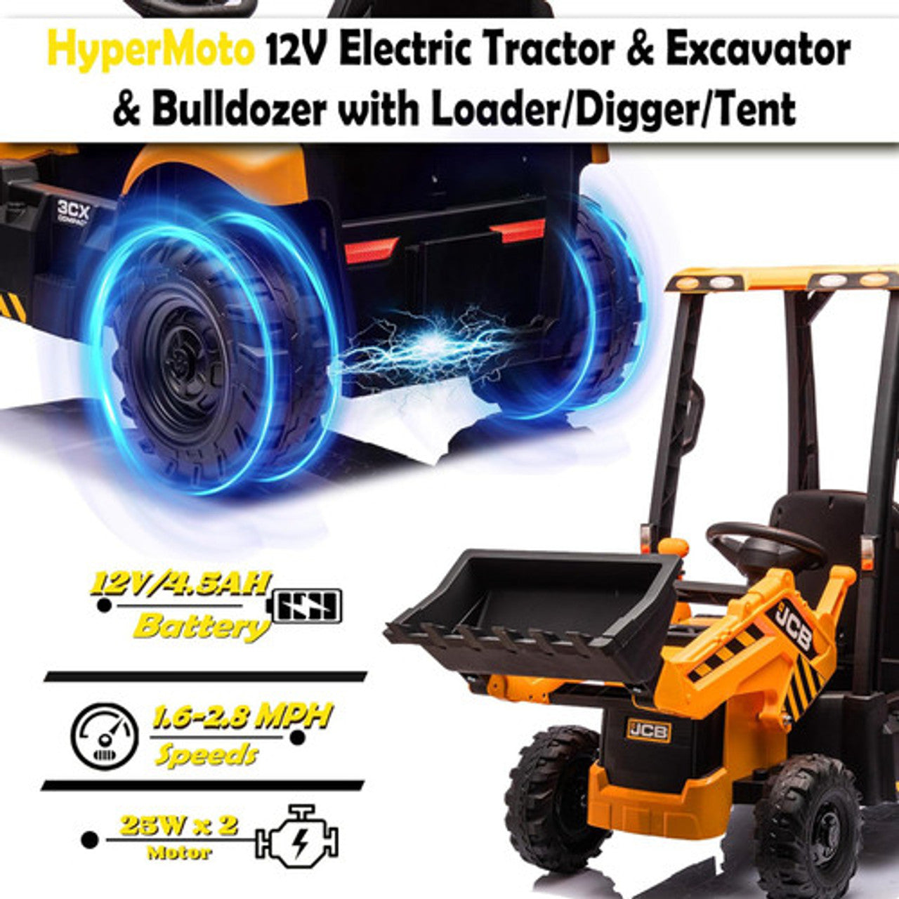 JCB Digger 12V Electric Ride On Tractor with Loader Backhoe - Yellow