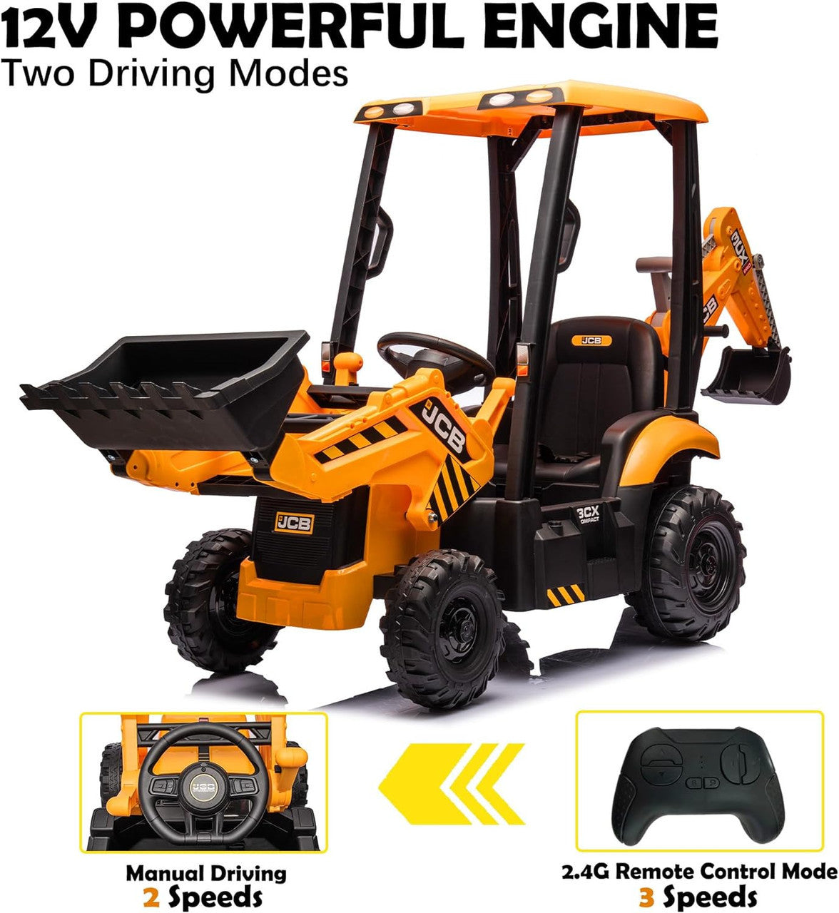 JCB Digger 12V Electric Ride On Tractor with Loader Backhoe - Yellow