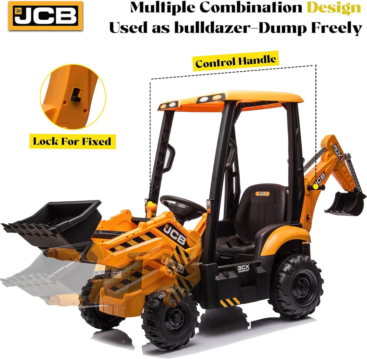 JCB Digger 12V Electric Ride On Tractor with Loader Backhoe - Yellow