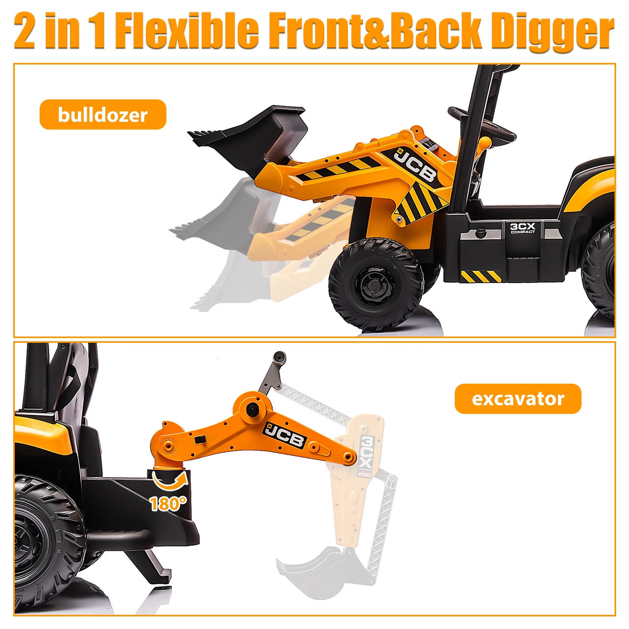JCB Digger 12V Electric Ride On Tractor with Loader Backhoe - Yellow