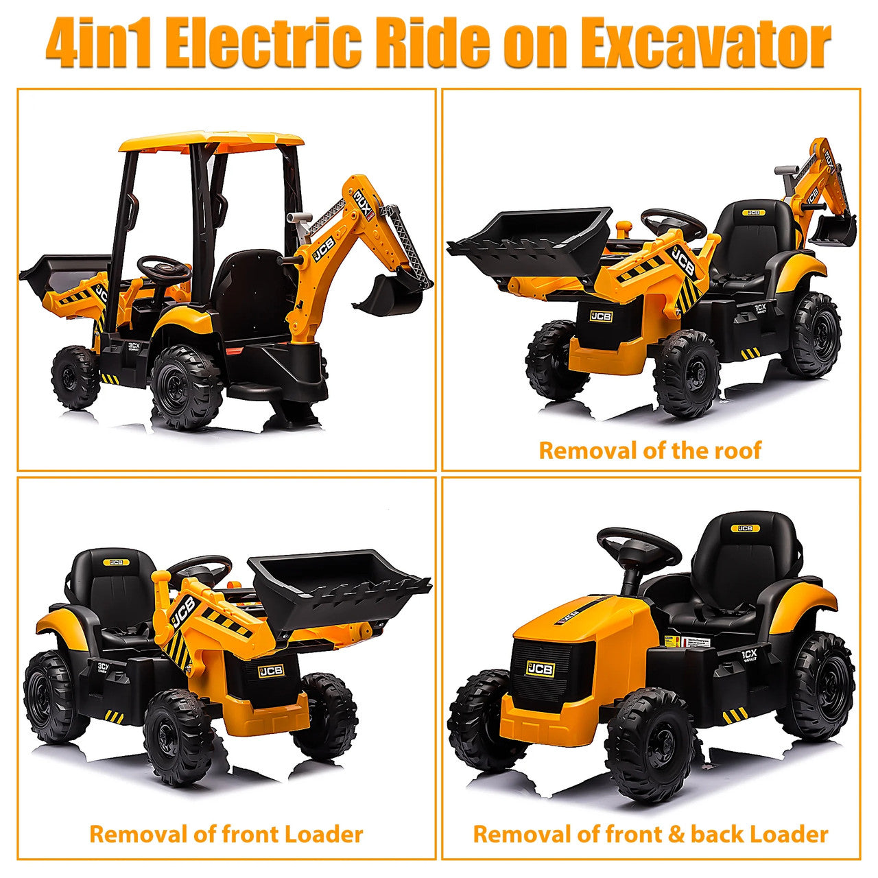 JCB Digger 12V Electric Ride On Tractor with Loader Backhoe - Yellow
