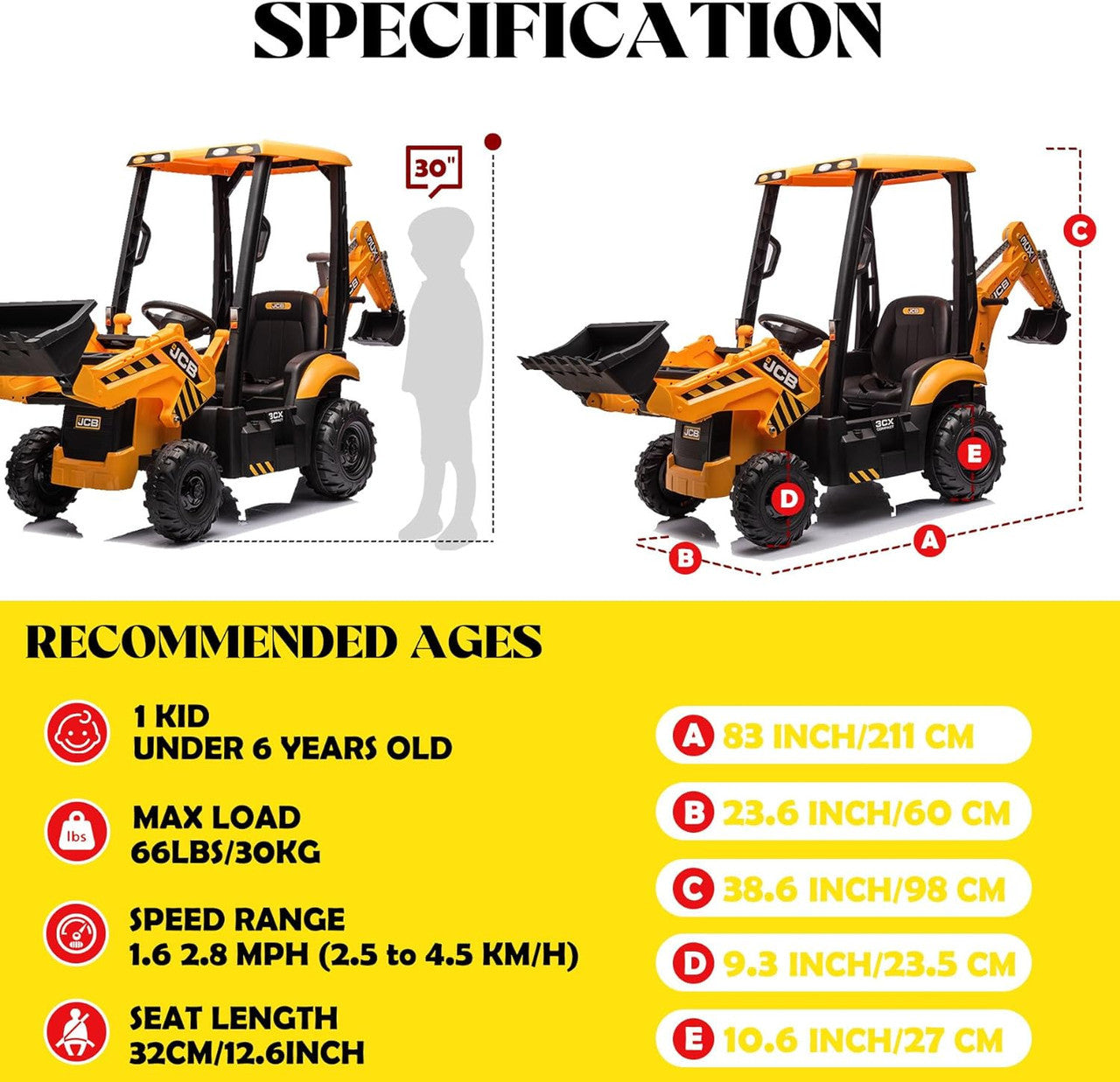 JCB Digger 12V Electric Ride On Tractor with Loader Backhoe - Yellow