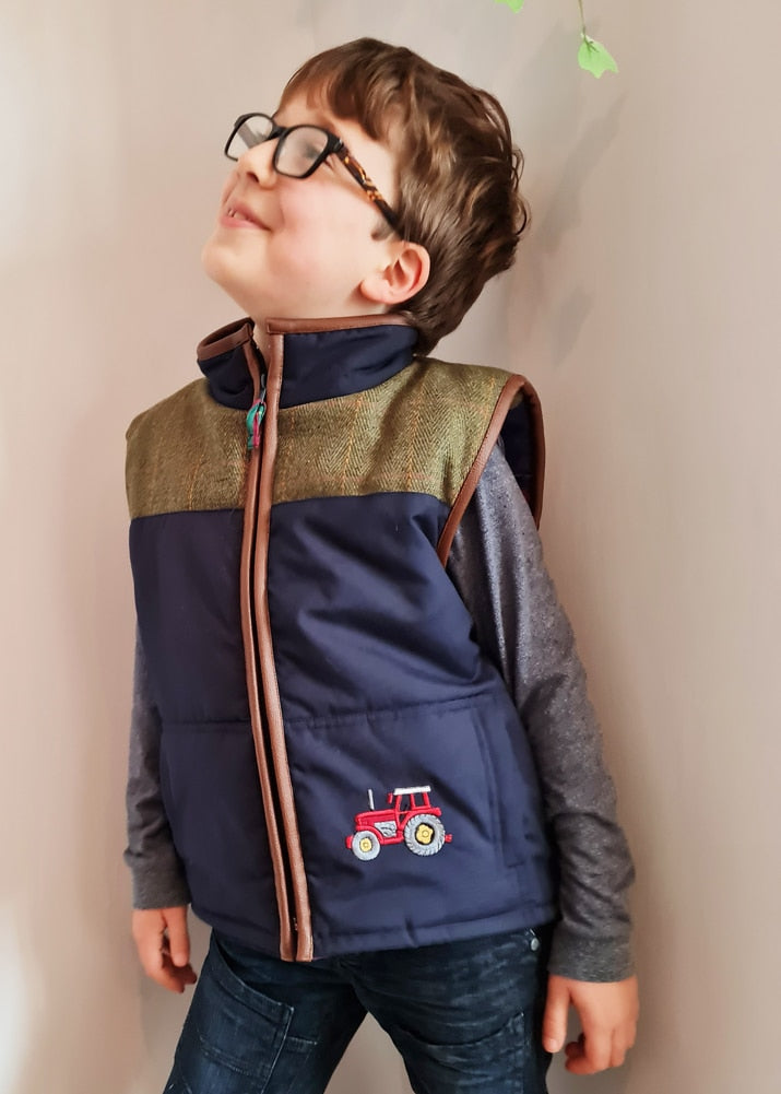 Kids’ Navy & Green Tweed Patch Gilet with Tan Trim