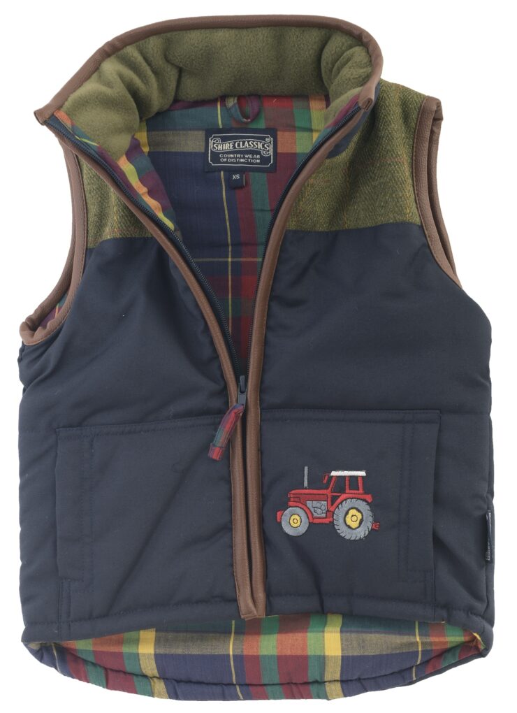 Kids’ Navy & Green Tweed Patch Gilet with Tan Trim