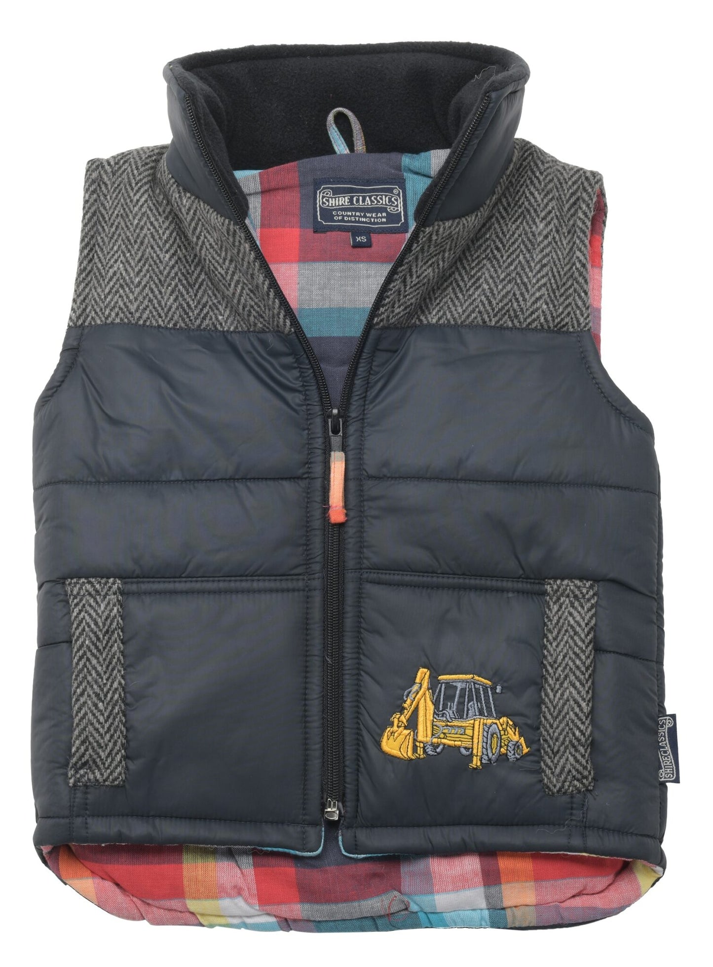Kids’ Navy & Grey Tweed Patch Gilet with digger embroidery 🪡