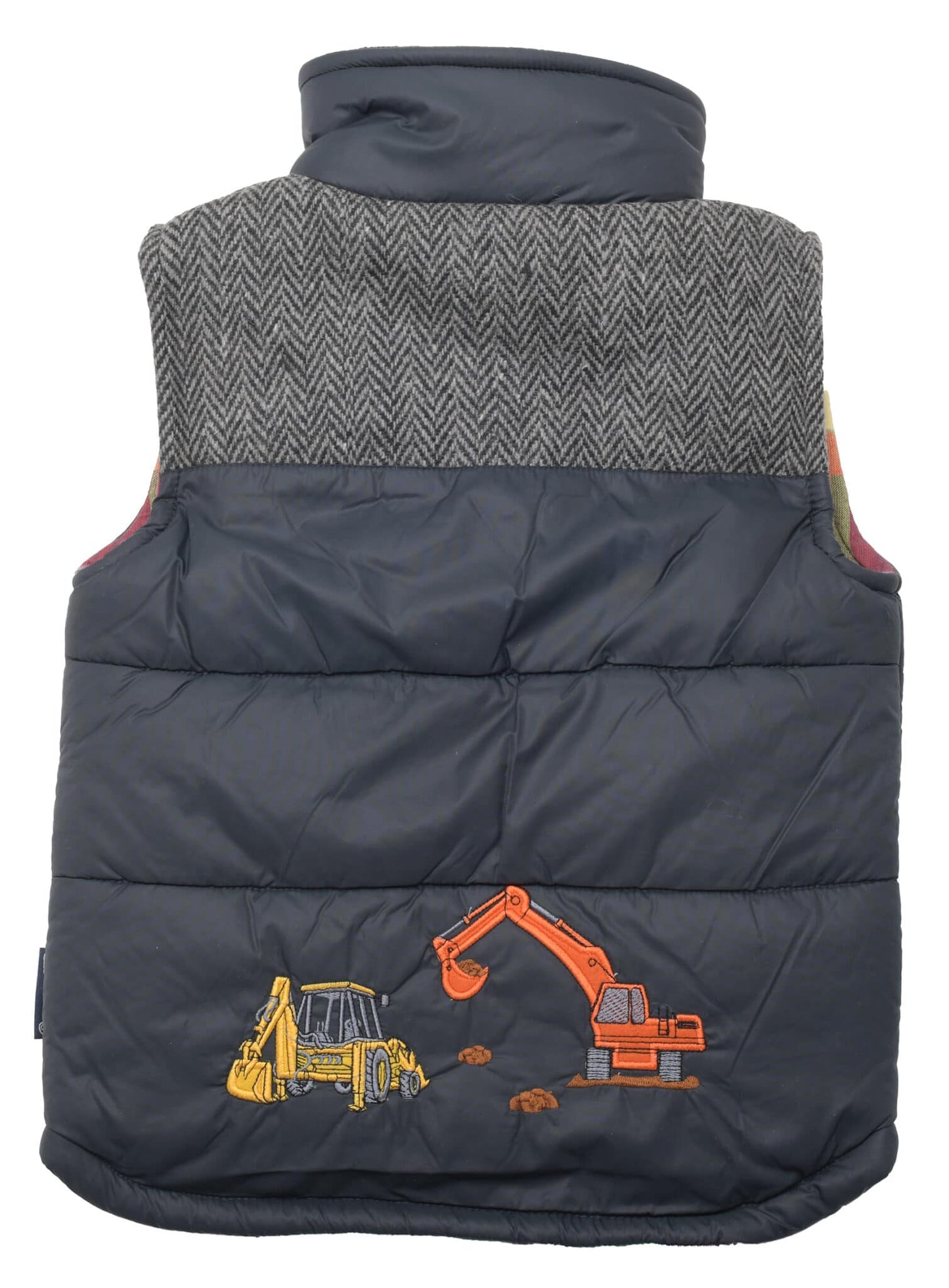 Kids’ Navy & Grey Tweed Patch Gilet with digger embroidery 🪡
