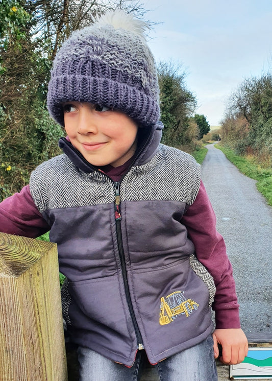Kids’ Navy & Grey Tweed Patch Gilet with digger embroidery 🪡