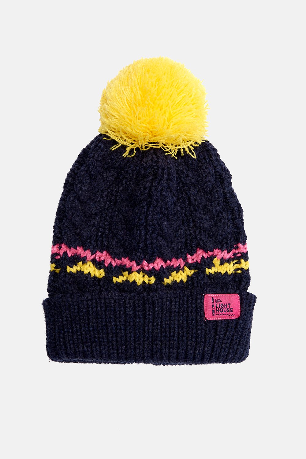 Girls Bobble Hat - Navy & Lemon - AGE 5-10