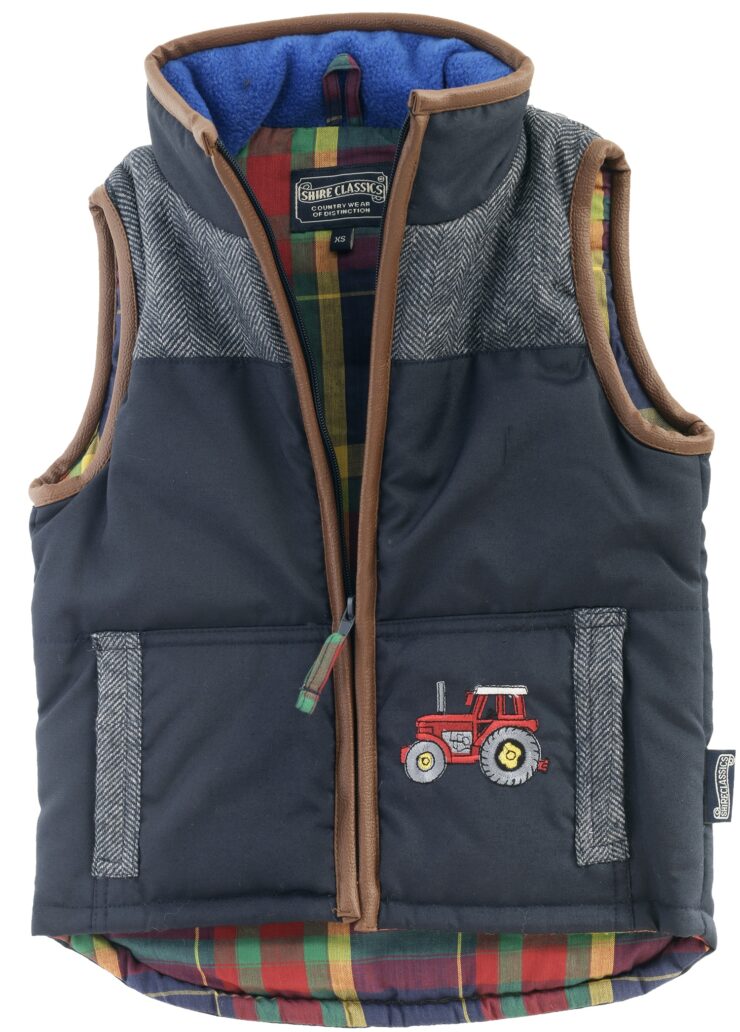 Kids’ Navy & Grey Tweed Patch Gilet with Tan Trim